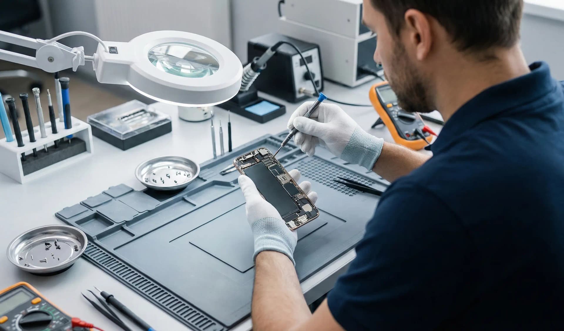 Expert technician performing micro-soldering repair